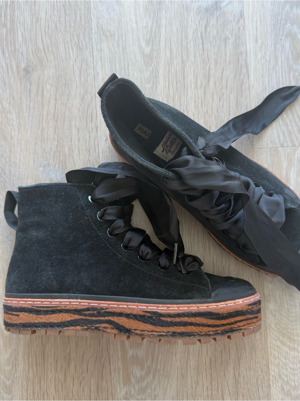 Scotch & Soda Black Suede Ankle Booties with Tiger-Print Platform
